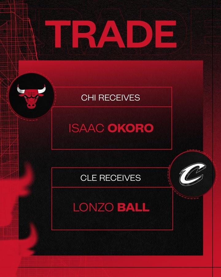 开云电子-官宣：公牛将朗佐-鲍尔送至骑士 换回艾萨克-奥科罗